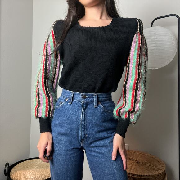 vintage 60s black wool angora striped balloon sleeve knit sweater - Picture 5 of 10